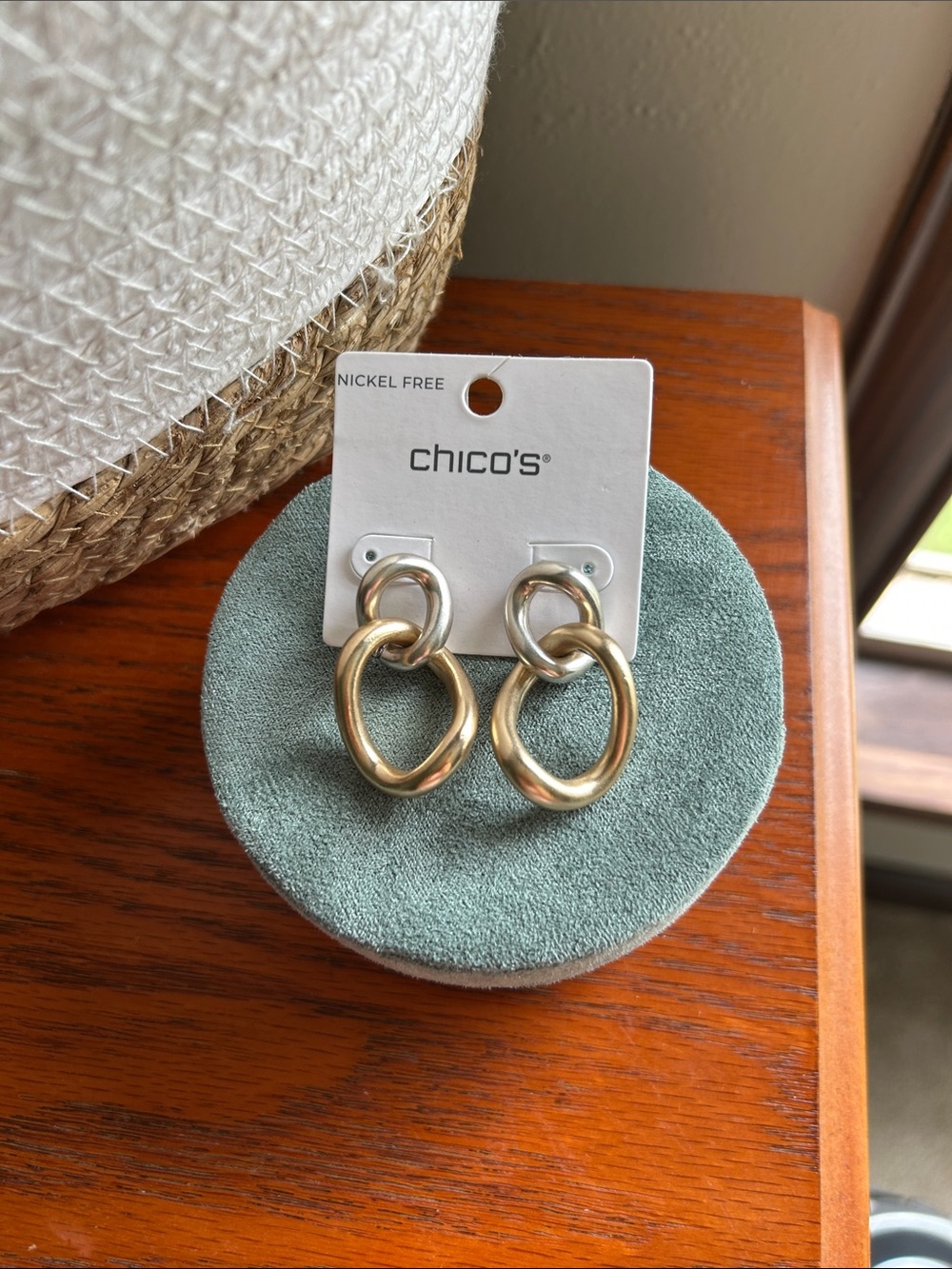 CHICO'S Polished Mixed Metal Soft Gold / Silver Double Link Drop Earrings